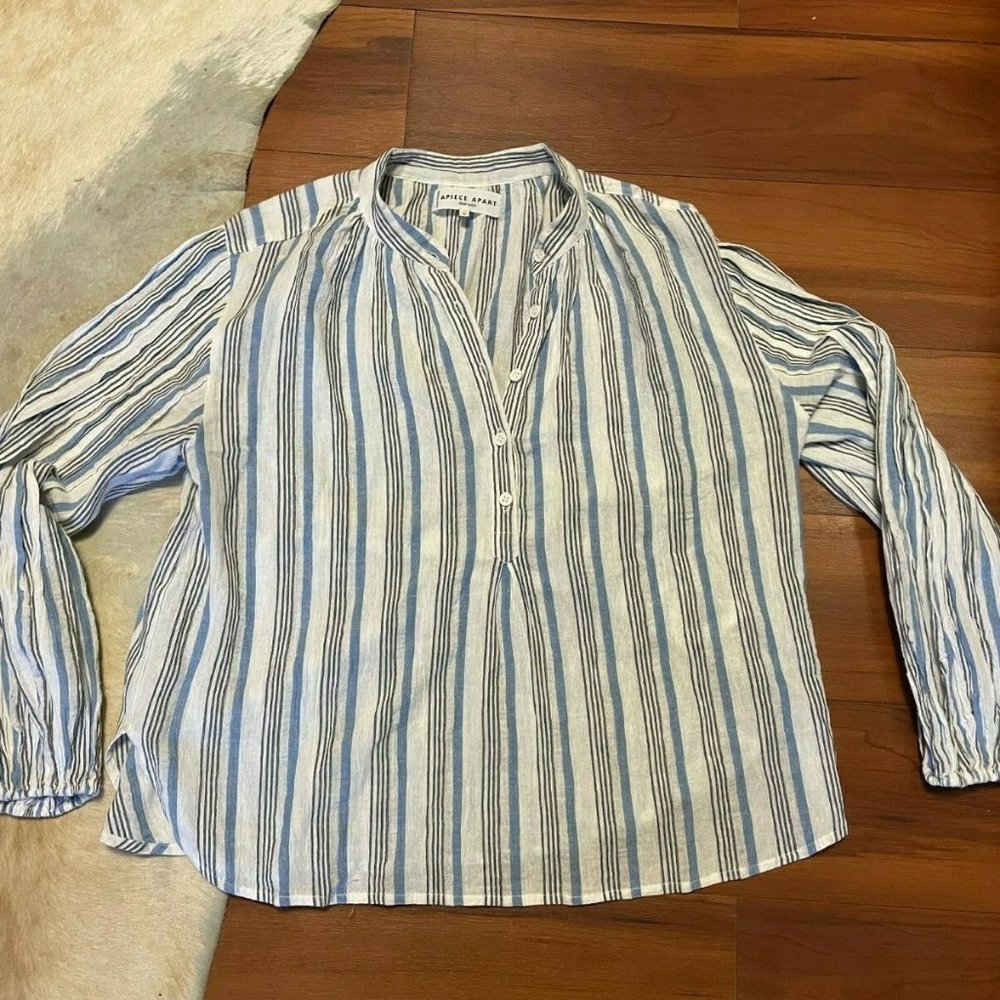 Apiece Apart Blue White Long Sleeve Cotton Blouse Top Sz 4